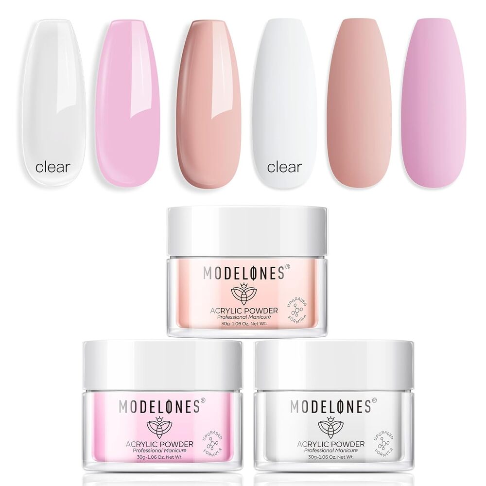 Modelones Acrylic Powder Set 3 Colors Pink Nude White for Nails Extension & Art